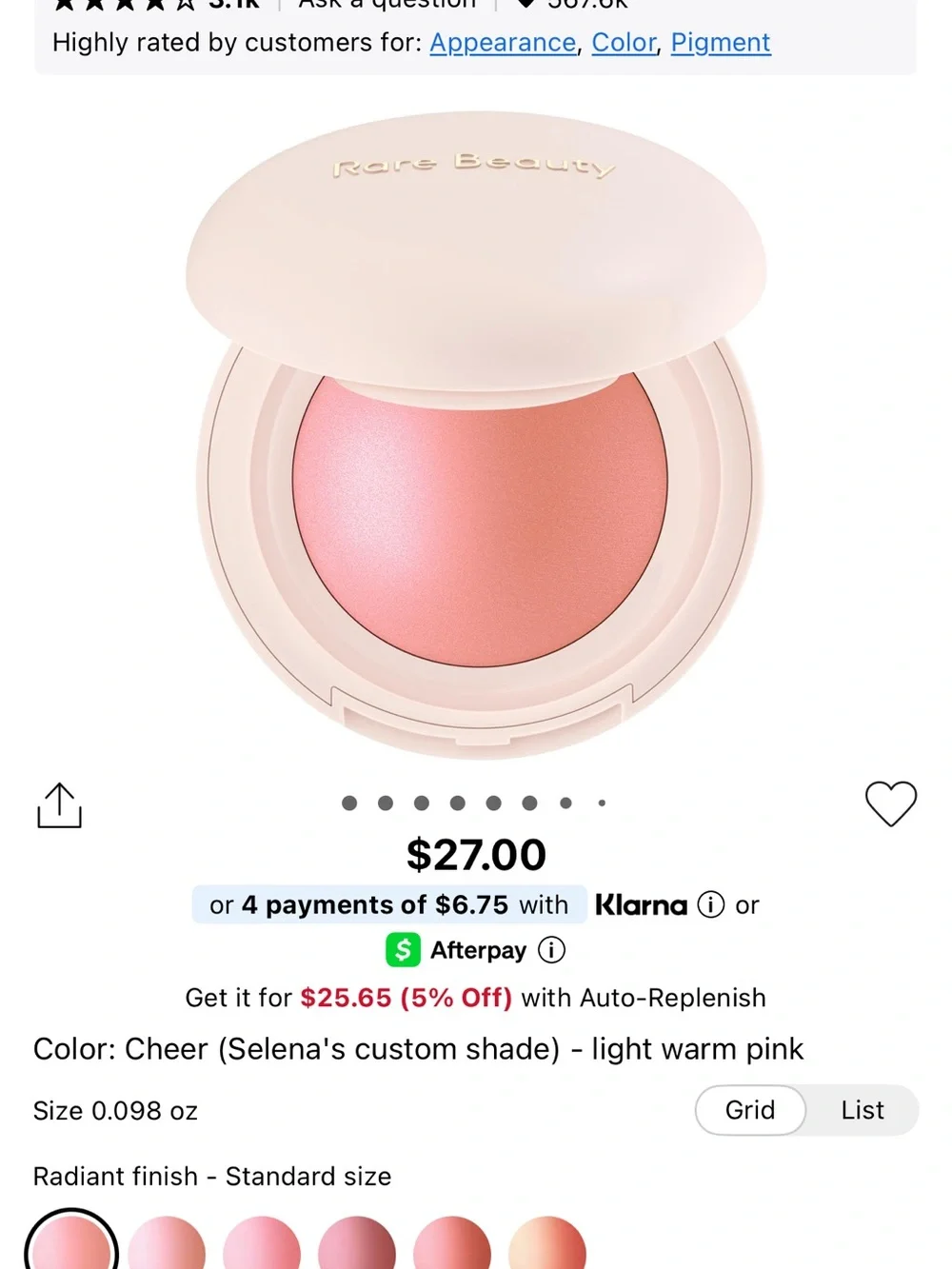 Rare Beauty Soft Pinch Luminous Powder Blush — Cheer (Pink)